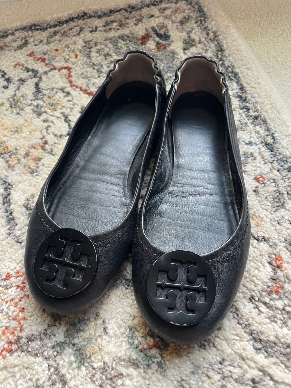 Tory Burch Black Leather Logo Round-Toe Ballet Flats